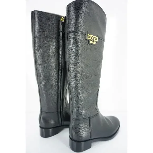 Tory Burch Joanna Black Leather Gold Logo Riding Boots Size 5.5 Heels NIB $495